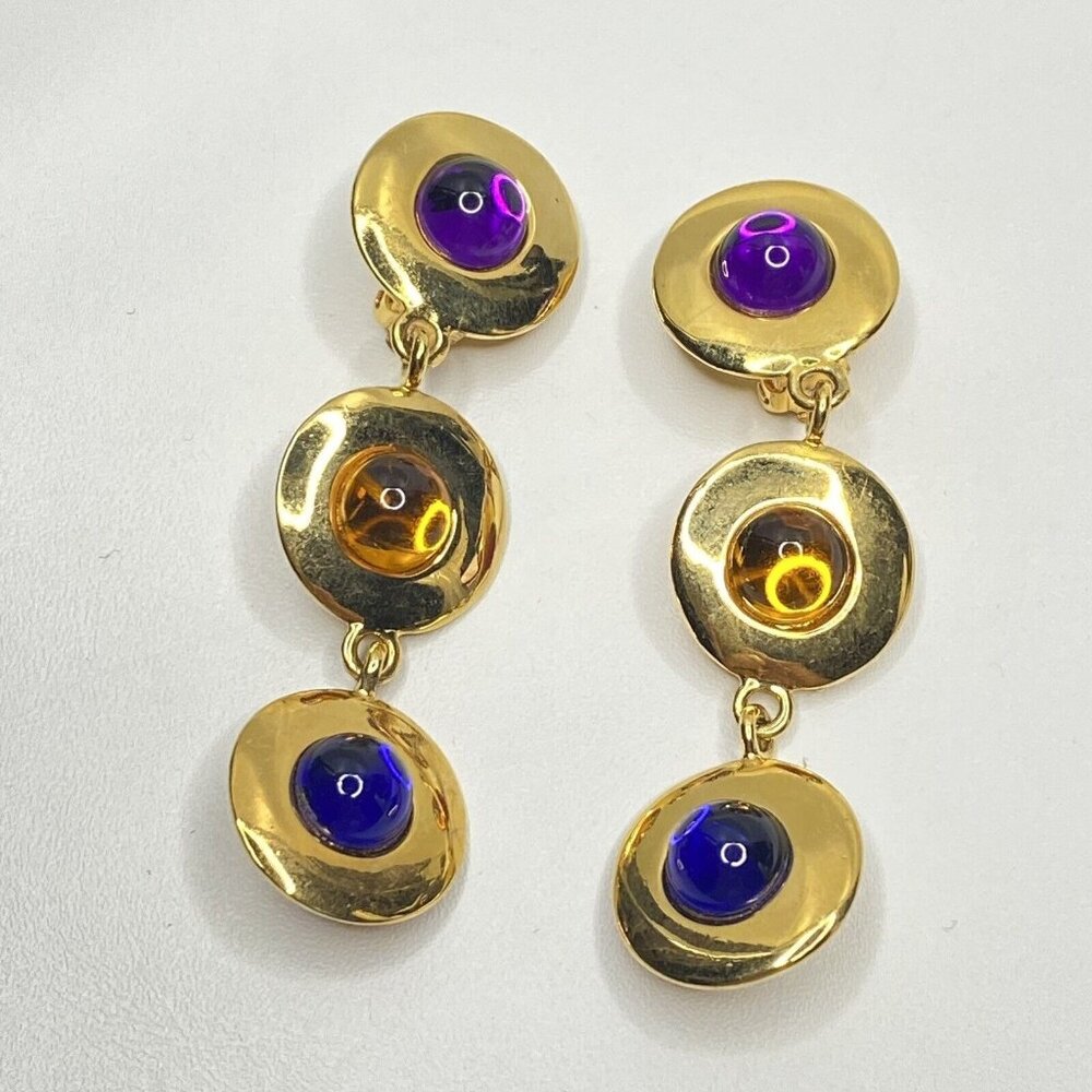 LCI Dangle Clip Earrings Multicolor Purple Orange Blue Red Gold Tone